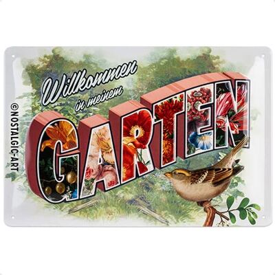 ART Targa in metallo, stile retrò, 20 x 30 cm, scritta "Benvenuto nel mio giardino", idea regalo per amici in giardino, in metallo, design vintage con scritta ART Targa in metallo, stile retrò, 20 x 30 cm, scritta "Benvenuto nel mio giardino", idea regalo per amici in giardino, in metallo, design vintage con scritta