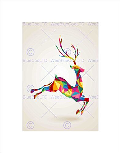 Wee Blue Coo Painting Illustration Leaping Running Deer Polygon Wall Art Print Pittura Illustrazione Cervo Parete