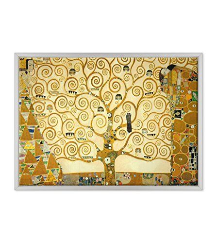 Conkrea Quadro su Tela Canvas INTELAIATO con Cornice L'Albero della Vita Gustav Klimt Cultura Arte Art Nouveau Stile Liberty 50x70cm Stile Moderno Bianco (cod.199)