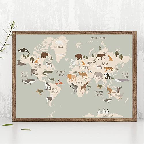 Bemvp World Map Poster Tela Stampe Pastel Tema Animal Educational Wall Pictures Decorazione Artistica Per Bambini Casa Della Sala Materna