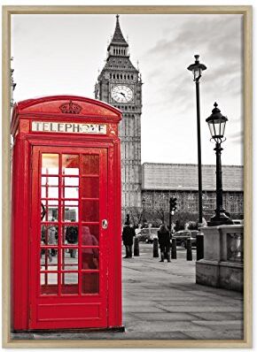 ConKrea Quadro su Tela INTELAIATO Pronto da Appendere Città Londra Cabina TELEFONICA Big Ben London Inghilterra UK 50x70cm Stile Moderno Legno Naturale (cod.007)