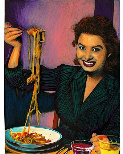 Wee Blue Coo Painting Portrait Sophia Loren Movie Actress Eating Spaghetti Pasta Smile Art Print Poster Wall Decor 12X16 Inch Pittura Ritratto Film Manifesto Parete