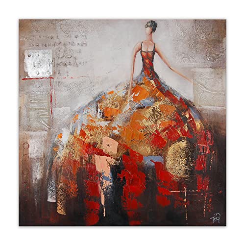 ADM 'Donna' Quadro, dipinto a mano figurativo su tela con decorazioni in rilievo e montato su telaio estetico alto Rosso H100 cm