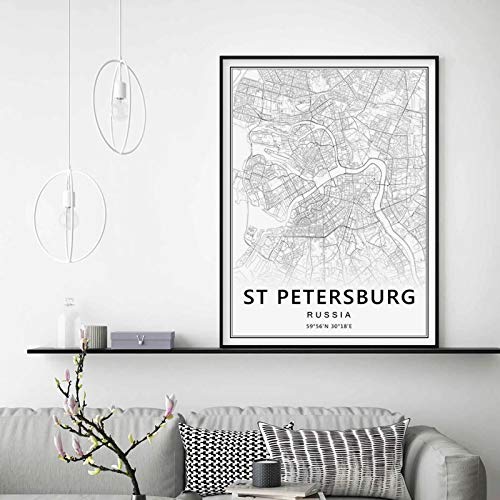 LIUZHUANGDIAN Moderna mappa della città di San Pietroburgo Poster Nero bianco Stampe su tela Pittura Arte da parete Immagini Soggiorno Home Decor-40x60cm Senza cornice