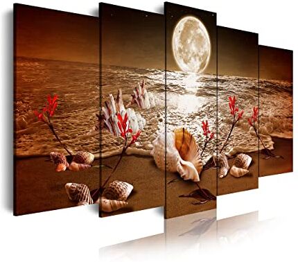 DekoArte 436 Quadri moderni Stampa di Immagini Artistica Digitalizzata   Tela Decorativa Per Soggiorno o Stanza da letto   Stile Paesaggio Notturno con Luna e la spiaggia   5 Pezzi 150 x 80 cm