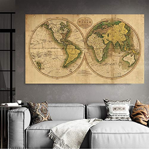 HENGTERST Una mappa del mondo Retro Vecchia Immagini Dipinti di tela for soggiorno Stampe Decorazione della parete della casa Poster Nessun cornice (Color : O map 2, Size : 50x85cm)