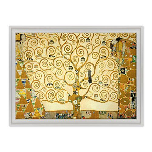 Conkrea Quadro su Tela Canvas INTELAIATO con Cornice L'Albero della Vita Gustav Klimt Cultura Arte Art Nouveau Stile Liberty 50x70cm Stile Contemporaneo Bianco (cod.)
