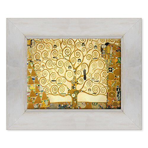 Conkrea Quadro su Tela Canvas INTELAIATO con Cornice L'Albero della Vita Gustav Klimt Cultura Arte Art Nouveau Stile Liberty 30x40cm Stile Country Bianco Shabby (cod.)