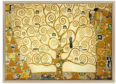 Conkrea Quadro su Tela Canvas INTELAIATO con Cornice L'Albero della Vita Gustav Klimt Cultura Arte Art Nouveau Stile Liberty 50x70cm Stile Moderno Legno Naturale (cod.)