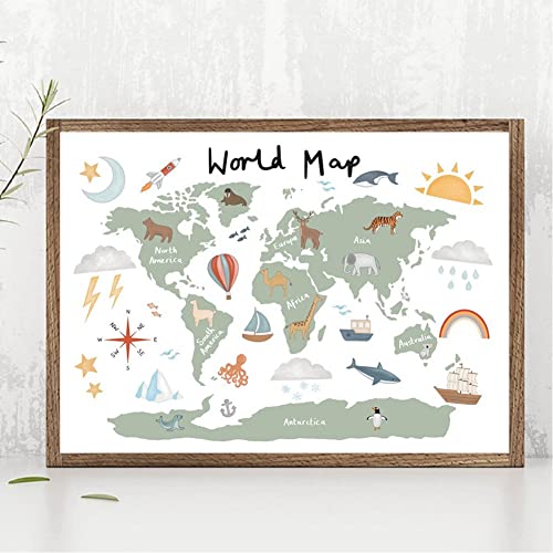 Bemvp World Map Poster Tela Stampe Pastel Tema Animal Educational Wall Pictures Decorazione Artistica Per Bambini Casa Della Sala Materna