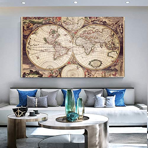 HENGTERST Una mappa del mondo Retro Vecchia Immagini Dipinti di tela for soggiorno Stampe Decorazione della parete della casa Poster Nessun cornice (Color : O map 3, Size : 50x85cm)