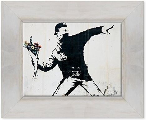 ConKrea Quadro su Tela Canvas INTELAIATO con Cornice Banksy Arte Street Art Lanciatore di Fiori 30x40cm Stile Country Bianco Shabby (cod.)