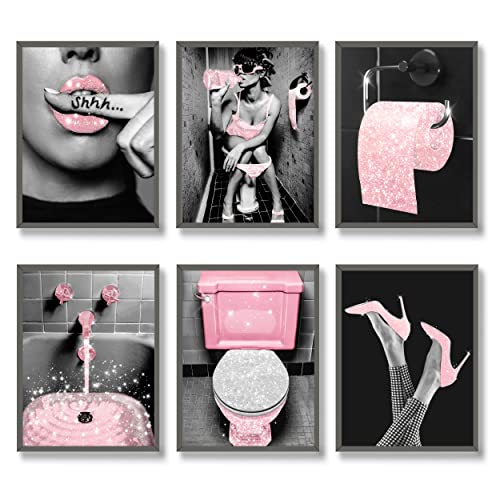 Luodroduo Set di 6 stampe artistiche da parete alla moda per il bagno, in tessuto rosa glitterato, per foto e bagno, in bianco e nero, per donne moderne e divertenti, 20,3 x 25,4 cm, senza cornice
