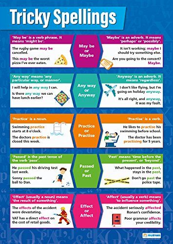 Daydream Education Poster Tricky Spellings, tabelle didattiche in lingua inglese per aule scolastiche, carta lucida, misura 850 x 594 mm (A1)