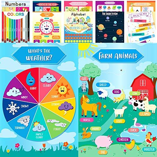 Youngever Confezione da 13 poster educativi laminati per bambini e bambini, poster didattici, poster per l'apprendimento, poster per l'insegnamento, poster dell'alfabeto ABC, con sistema solare (40,6