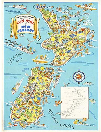 Wee Blue Coo Map Zealand North South Island Tourism Art Print Poster Wall Decor 12X16 Inch