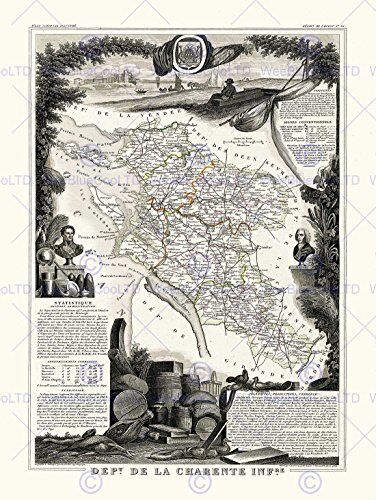 Wee Blue Coo MAP ANTIQUE ILLUSTRATED FRANCE LEVASSEUR CHARENTE INFERIOR ART PRINT Carta geografica antico Illustrato Francia Stampa artistica