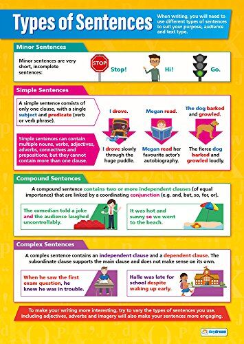 Daydream Education Poster Types of Sentences, tabelle didattiche in lingua inglese per aule scolastiche, carta lucida, misura 850 x 594 mm (A1)