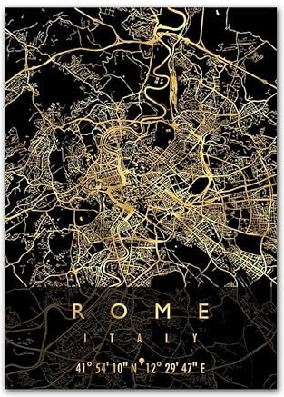 VenoaL Roma Milan Italia City Mappa Golden Black Wall Art Tela dipinto di poster nordici e immagini di stampa for decorazioni da bar del soggiorno (Color : A, Size : 40X50 cm No Framed)