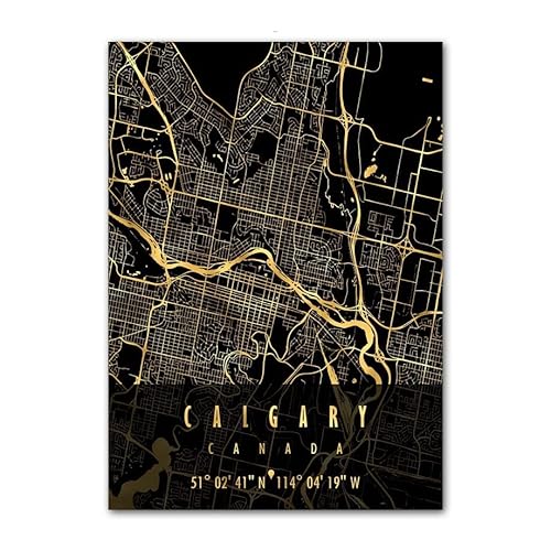 VenoaL Canada City Map Black Golden Wall Art Tela dipinto Minimalisti Poster nordici e stampe Immagini murali for decorazioni for il soggiorno (Color : G, Size : 50X70 cm No Framed)