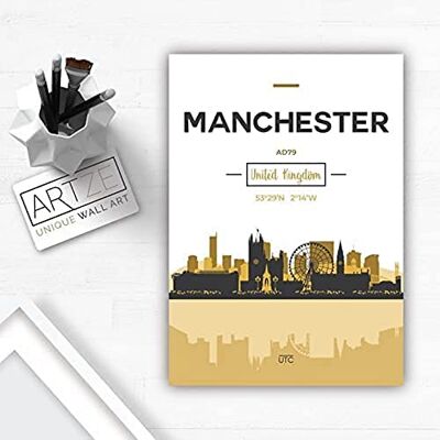 ARTZE Wall Art Manchester Skyline, Manchester Cityscape England Poster da parete, formato A1, colore: Giallo/Grigio ARTZE Wall Art Manchester Skyline, Manchester Cityscape England Poster da parete, formato A1, colore: Giallo/Grigio