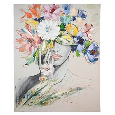 Gilde Quadro donna con cappello di fiori (lunghezza x larghezza x altezza): 3 x 80 x 100 cm, colore crema, grigio, fiori colorati, su tela Gilde Quadro donna con cappello di fiori (lunghezza x larghezza x altezza): 3 x 80 x 100 cm, colore crema, grigio, fiori colorati, su tela
