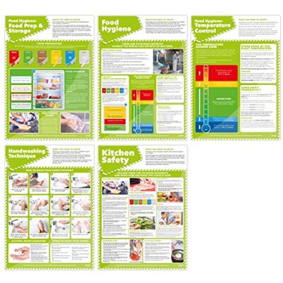 Daydream Education Daydream Set di 5 poster per la preparazione degli alimenti e l'igiene della cucina, poster per salute e sicurezza, carta lucida laminata, 420 x 594 mm (A2), tabelle didattiche per ufficio salute e Daydream Education Daydream Set di 5 poster per la preparazione degli alimenti e l'igiene della cucina, poster per salute e sicurezza, carta lucida laminata, 420 x 594 mm (A2), tabelle didattiche per ufficio salute e