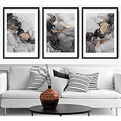 ARTZE Wall Art Set di 3 pezzi con stampa astratta di quadri, 40 cm di larghezza x 50 cm di altezza, nero/grigio/oro ARTZE Wall Art Set di 3 pezzi con stampa astratta di quadri, 40 cm di larghezza x 50 cm di altezza, nero/grigio/oro
