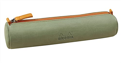 Rhodia Astuccio rotondo rodiarama Céladon, 21,5 x 5,5 cm, cuciture vere arancioni, interno in jersey avorio, finta pelle