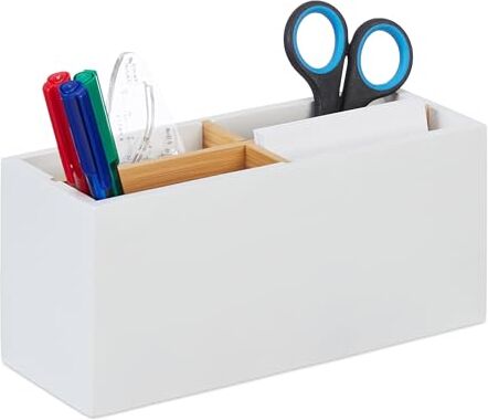 Relaxdays Organizer da Scrivania, in bambù, 4 Scomparti, Portapenne da Ufficio, Box Cosmetici, HLP 8 x 21 x 9 cm, Bianco