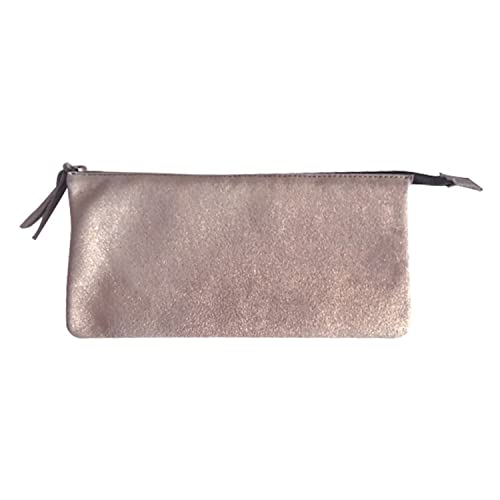 Clairefontaine Astuccio per la scuola, Grande Pochette 2 scompartimenti 22x11 cm in vero cuoio di agnello, Piume Ottone