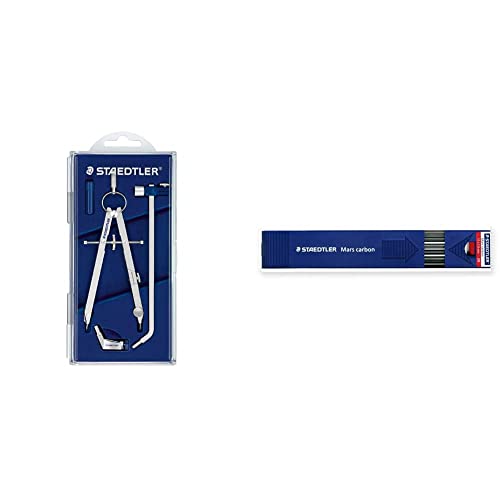 Staedtler Comfort set compasso di precisione, dotato di adattatore universale, prolunga e astuccio portamine, diametro da 26.5 cm, 551 02 & 200-2H Estuche con 12 minas