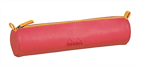 Rhodia Astuccio rotondo rodiarama corallo, 21,5 x 5,5 cm, cuciture vere arancioni, interno in jersey avorio e pelle – portapenne, matite, pennarelli, piccole forniture