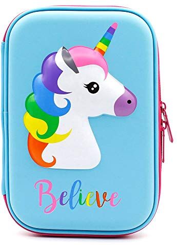 YUIP Astuccio con grazioso unicorno in rilievo, astuccio portapenne a forma di unicorno, per bambini, grande, per matite, penne e cancelleria,anche per cosmetici per bambine blu