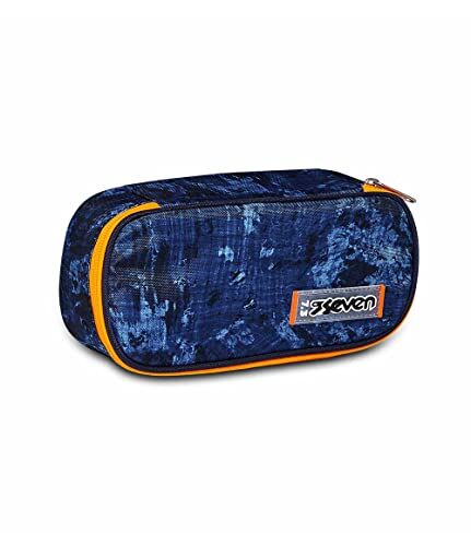 Seven Portapenne Scuola ROUND PLUS BIG DEEPLY INDIGO Astuccio Monozip con Organizer Interno, Passanti Elastici Tessuto 100% Eco-Material