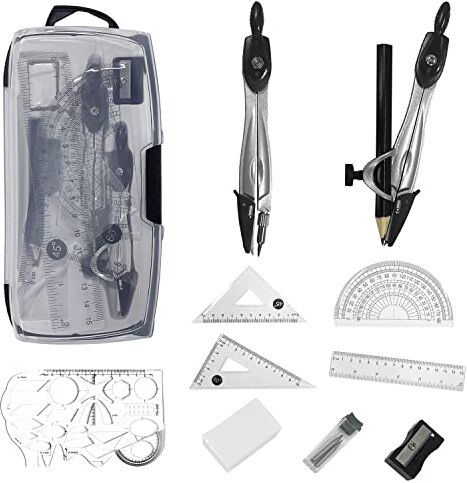 BEIIEB Set da disegno da 12 pezzi, per scuola, matematica, bussola, goniometro, righello, per studenti, matematica, scuola, disegno, con scatola portaoggetti