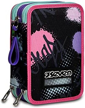 Seven Astuccio Scuola 3 Zip, Rosa e Nero, Pinkypois Girl, Triplo Scomparto Completo di Matite, Penne e Pennarelli, Accessori Scuola, Accessori Zaini, Scuola, Bambine e Ragazze