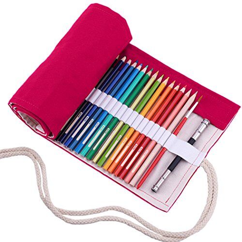 abaría Amoyie Sacchetto della matita portamatite arrorolabile per 36 matite colorate porta penne tela wrap borse organizer astuccio portapenne scuola cassa del supporto di matita viaggio le rosso 36