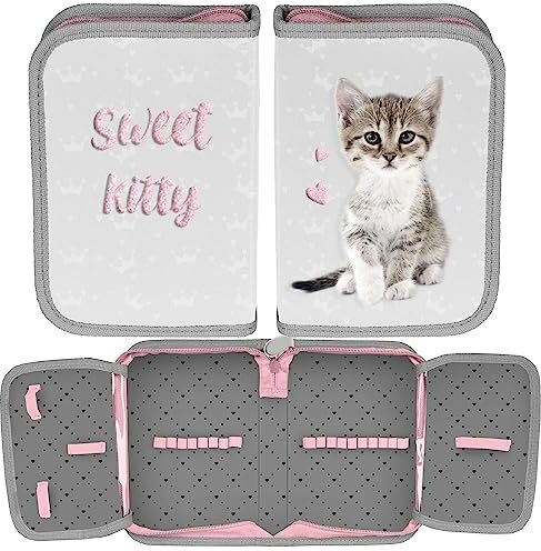 PASO Astuccio apribile senza accessori con gatto glitterato, Grigio -Rosa, Astuccio espandibile