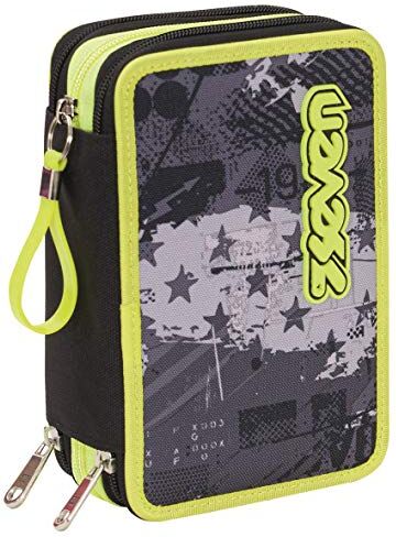 Seven Astuccio Scuola 3 Zip, Giallo Grigio, Fly Stars, Portapenne Triplo Scomparto Completo di Penne, Matite e Colori, Accessori Scuola, Accessori Zaino, Scuola, Bambino Ragazzo