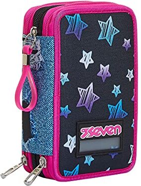 Seven Astuccio 3 Scomparti, Star Plan, Nero, Completo di Matite, Penne, Pennarelli…