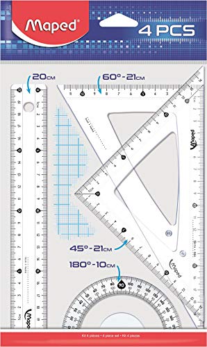 Maped Kit Disegno Con Righello 20 Cm, 2 Squadre 21 Cm, Goniometro 10 Cm