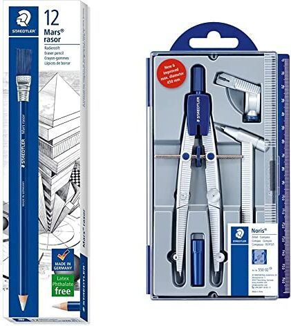 Staedtler 526 61 Gomma da Matita con Spazzolino, 12 Pezzi & set compasso Noris con prolunga, adattatore universale e mine di ricambio, per la scuola, 550 02