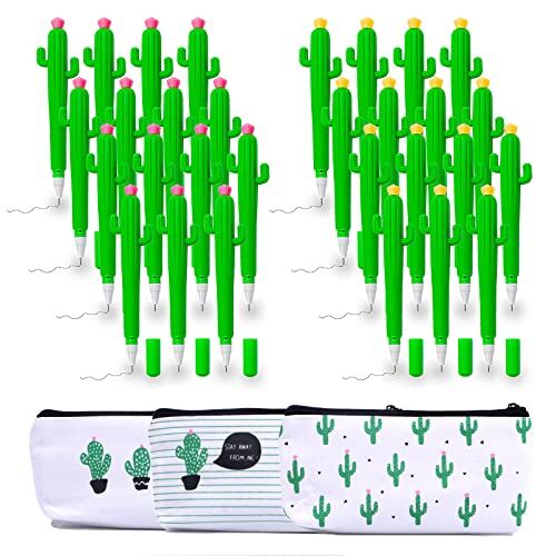 CRITIVE-SHOP 30 penne e 3 astucci – penna a sfera a forma di cactus – penna nera – set di cancelleria creativa – penne divertenti per cactus con astuccio per cancelleria