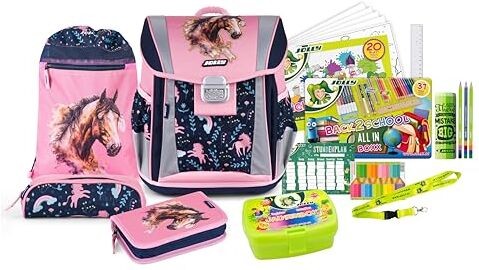 JOLLY Set di zaini per la scuola Classic, 46 pezzi, con borsa da ginnastica, astuccio e portamatite, con chiusura riflettente e adatta ai bambini