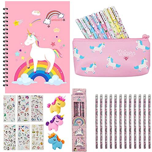 jingyuanli 33pcs Cancelleria per Unicorno, Set Regalo Ragazza Unicorno, Unicorno Regalo Bambina, Unicorno Penne e Matite e Borsa di Cartoleria e Astuccio e Unicorno Taccuino e Set Adesivo Unicorno