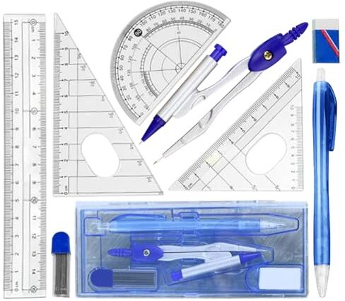 Divono Set di 8 attrezzi geometrici, matematici geometrici, goniometro a matita con bussola, forte e robusto, per geometria matematica per scuola, ufficio