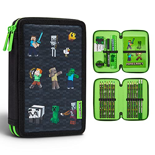 MINECRAFT Astuccio per bambini Garcon, astuccio scolastico a 2 scomparti + forniture scolastiche