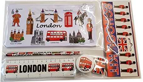 KAV My London Souvenirs, kit scuola, souvenir di Londra, penna a sfera/matita/gomma, temperino, gomma, righello, astuccio, colore: bianco, motivo: taxi di Londra, cabina telefonica rossa, autobus, torre di Londra, Big Ben e torre di Westminster, ponte, ca