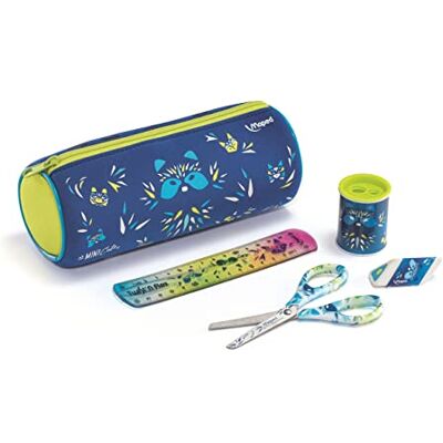 Maped Kit per accessori scolastici Mini Cute per bambini 1 astuccio rotondo + 1 paio di forbici 13cm + 1 temperino + 1 Gomma Bianca + 1 righello 15cm Blu Maped Kit per accessori scolastici Mini Cute per bambini 1 astuccio rotondo + 1 paio di forbici 13cm + 1 temperino + 1 Gomma Bianca + 1 righello 15cm Blu